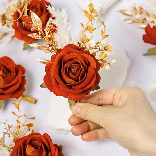 Meldel Burnt Orange Wrist Corsage and Boutonniere Set, Flower On Wrist for Bride Bridesmaid Wedding, Boutonniere for Men Groom Groomsman Wedding Accessories Prom Party Suit Decorations
