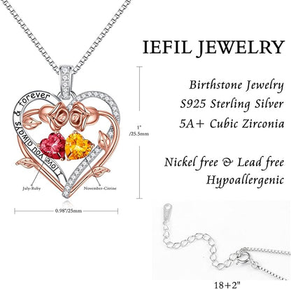 Iefil Rose Heart Double Birthstone Necklace Gifts for Wife Her Mom Women, Birthstone Jewelry Gemstone Birthday Gifts for Girlfriend Grandma Her Wife Women
