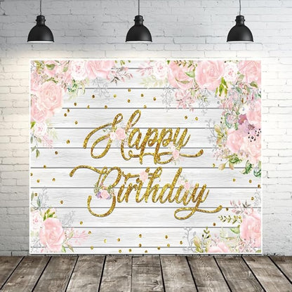 Rustic Wood Flower Happy Birthday Backdrops, 10x8ft, Pink Floral Birthday Photography Backgrounds Sign Banner Party Decorations for Girl Women