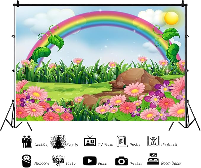 AOFOTO 15x10ft Cartoon Spring Flowers Rainbow Backdrop Meadow Sweet Floral Blossom Sky Sun Enchanting Garden Scenery Background for Kids Baby Shower Birthday Party Decor Wallpaper Photoshoot Props