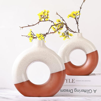 Terracotta Vase Decor Donut Vase Set of 2 - Circle Hollow Vases, Modern Matte Ceramic Vases for Entryway Living Room Bedroom Dining Table Centerpiece Office Home Decor