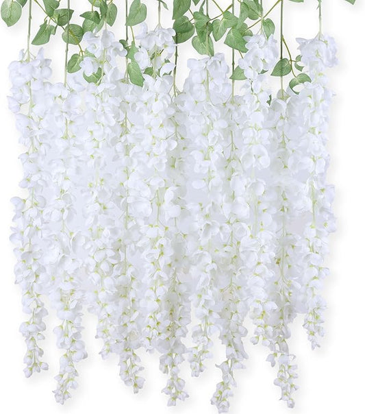 mizii 6Pcs White Wisteria Hanging Flowers 48" Silk Wisteria Artificial Flowers Garland Vines Fake Hanging Flowers Decoration for Wedding Flower Wall Backdrop Centerpieces Party Room Decor (White)