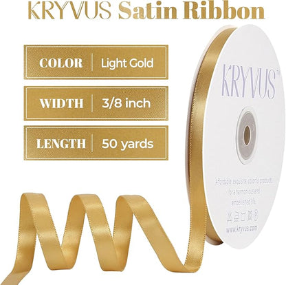 Light Gold Satin Ribbon, Double Faced 3/8 Inch X 50 Yards Light Gold Ribbon, Premium Satin Ribbon for Gift Wrapping, Crafts, Hair Bow Making, Sewing, Flower Bouquet, Wedding Party Decor