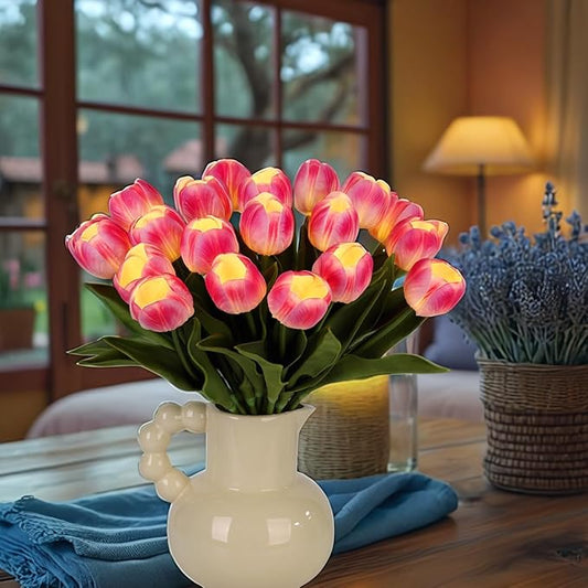 LED Lighted Artificial Tulip Lamp, Real Touch Tulip Flowers, 15 Inch Faux Tulip Bouquet with Battery Operated Lights for Gifts, Home Kitchedn Wedding Decor(Hot Pink)