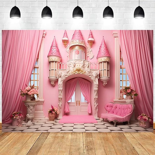 15x10ft Pink Princess Castle Backdrop Curtain Window Door Room Interior Background for Photography Sofa Flowers Vases Banner Decorations Girl Kids Birthday Baby Shower Party Photo Booth Props