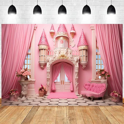 10x8ft Pink Princess Castle Backdrop Curtain Window Door Room Interior Background for Photography Sofa Flowers Vases Banner Decorations Girl Kids Birthday Baby Shower Party Photo Booth Props