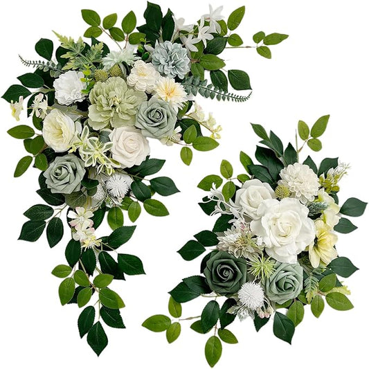 Pack of 2 Wedding Arch, Artificial Flowers, Wedding Decor，Flower Garland Be Suited to Banquet, Party, Reception Entrance Welcome Sign and Background Decoration (White Green)