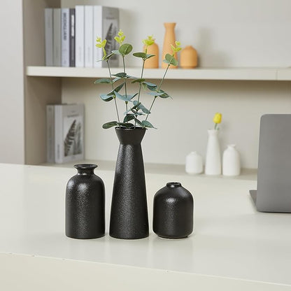 Black Ceramic Vase Set of 3,Small Boho Vase for for Decor,Matte Frosted Texture Finish,Modern Rustic Farmhouse Home Decor,Decorative vase for Pampas Grass&Dried Flowers,Shelf,Table,Mantel,Entryway