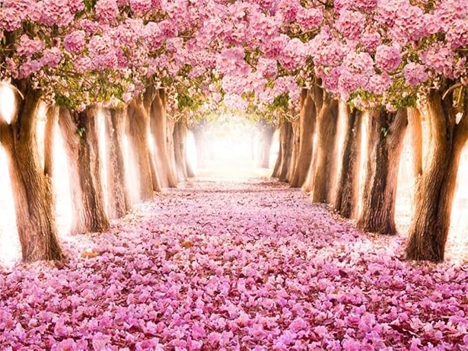 AOFOTO 12x8ft Spring Cherry Blossom Backdrop Sweet Pink Flowers Tree Floral Petal Boulevard Photography Background Baby Shower Photo Studio Props Girl Infant Adult Artistic Portrait Vinyl Wallpaper