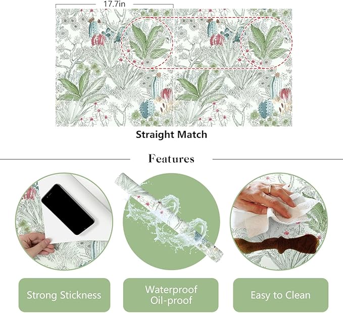Erfoni 17.7inch x 393.7inch Floral and Leaf Wallpaper Floral Peel and Stick Wallpaper Green Contact Paper Vintage Flower Wallpaper Stick and Peel Self Adhesive Removable Wallpaper for Bedroom Decor