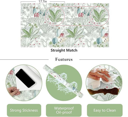 Erfoni 17.7x236.2inch Floral Peel and Stick Wallpaper - Flower Vintage Green Leaf Contact Paper - Self Adhesive DIY Removable Wall Covering for Home