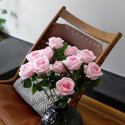 12 Pcs Artificial Rose Flowers, Silk Roses with Long Stems, Realistic Fake Roses for Wedding Centerpiece Party Home and Office DIY Decor, Pink