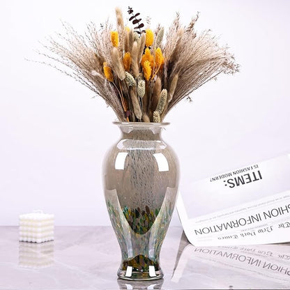 11.8" Tall Blown Green Glass Vase, Colorful Opaque Glass Vase, Unique Design Wide Mouth Art Decoration for Home, Living Room, Dining Table, Pampas Grass Decor (Green)