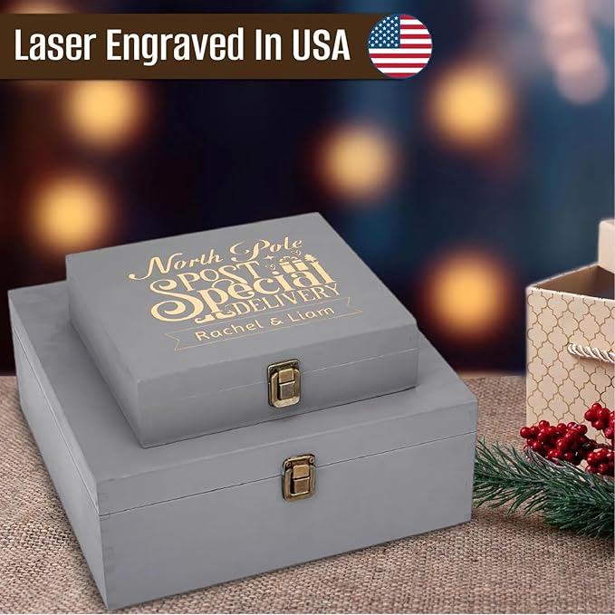 Personalized Christmas Eve Box Custom Engraved Wooden Memory Box – Rustic Christmas Gift, Traditional Santa Xmas Gift Box for Kids, Family & Friends – Holiday Keepsake Memento Box Gifts for Him Her