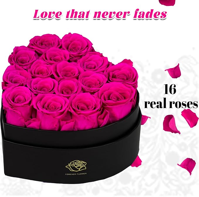 16-Piece Forever Flowers Heart-Shaped Box – Real Immortal Preserved Roses Lasting a Year, Perfect for Birthday, Girlfriend, Mother, or Wife, Valentine Day Gift for Her - Reddish
