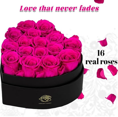 16-Piece Forever Flowers Heart-Shaped Box – Real Immortal Preserved Roses Lasting a Year, Perfect for Birthday, Girlfriend, Mother, or Wife, Valentine Day Gift for Her - Reddish