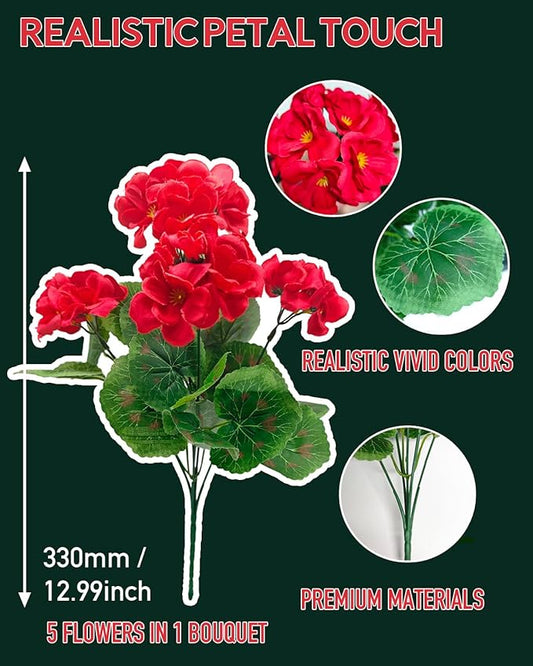 UV Resistant Red Geranium Fake Outdoor Flowers Christmas Decor- 6 Bundles Realistic Silk Artificial Flowers for Outside for Planter Hanging Basket, Faux Plants for Garden Porch Yard Home Décorations