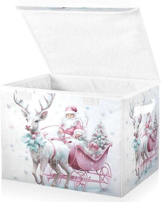 Christmas Baskets Collapsible Storage Bins with Lids, Christmas Santa Claus Pink Reindeer Storage Boxes Clothes Baskets for Organizing