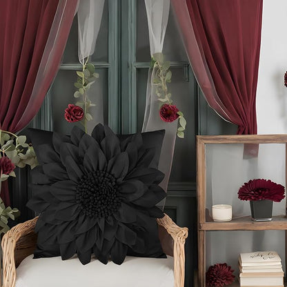 Bella's Giftshop Black Decorative Throw Pillow Covers 18x18 Inch for Bed Sofa Couch, Handmade 3D Accent Sunflower Floral Pillowcase, Living Room Decor