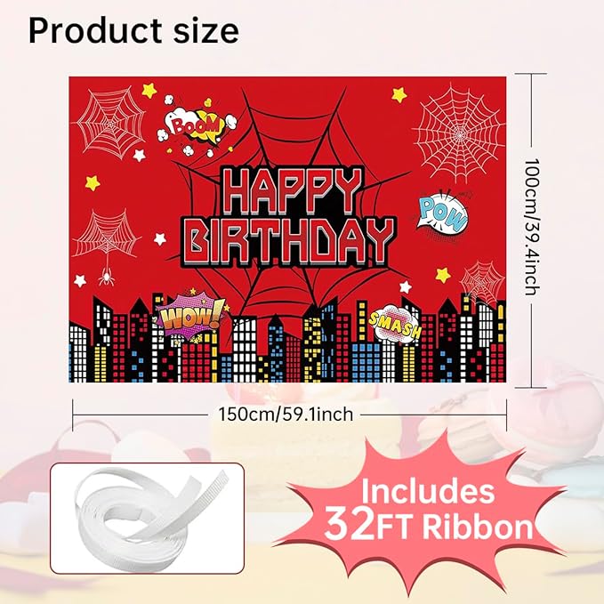 Superhero City Birthday Party Backdrop Banner, 59.1 x 39.4 inches, Red Comic Design with Spider Webs, Includes 32ft Ribbon