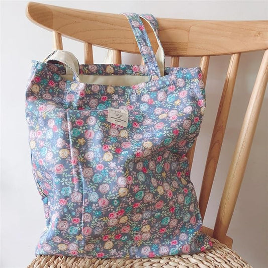 Cotton Canvas Tote Bag Reusable Soft Grocery Cloth Bag Floral Shoulder Bag for Beach Travel Shopping