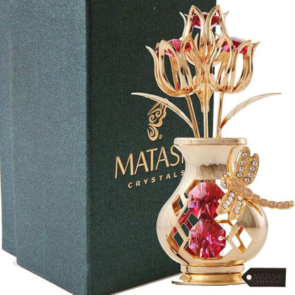 Matashi 24K Gold Plated Crystal Studded Flower Ornament in Vase with Decorative Dragonfly - Elegant Tabletop Ornament - Perfect Valentine's Day Gift for Her, Wife, Mom, Birthday, Home or Office Décor