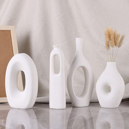 White Ceramic Vase Set of 4 - Round Hollow Boho Vases for Pampas Grass and Flowers Decor, Modern Minimalist Small Vases for Living Room, Bedroom, Fireplace, Coffee Table Decor and Centerpieces