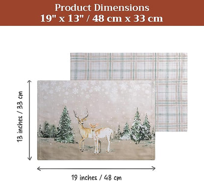 Maison d' Hermine Placemats Set of 4 100% Cotton Washable Cloth Place Mats, Reusable Table Mats for Thanksgiving Christmas Decorations Kitchen Dining Party Wedding (Deer in The Woods, 13" x 19")