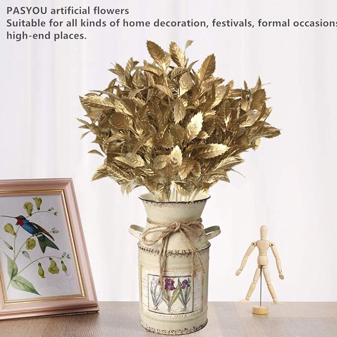 PASYOU Artificial Plants for Christmas Decor, Plastic Grass Fake Shrubs Simulation Leaves Indoor Outdoor Home Garden Planter Filler Party Hotel Verandah Wedding Faux DIY Decoration - Gold 4 Pack