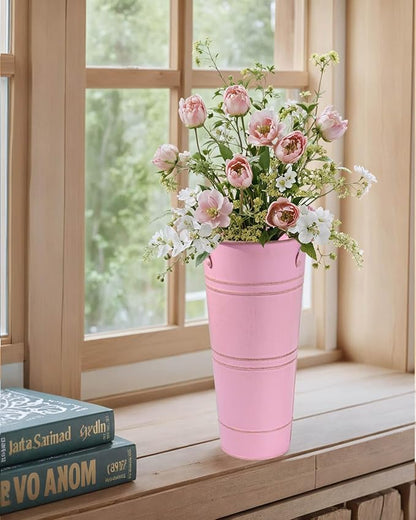 9 Inch Galvanized Metal Vases for Flowers - 2 Pcs Farmhouse Decorative Tall Flower Bucket with Handles, Rustic French Tin Planter Buckets for Wedding Decor (Pink)