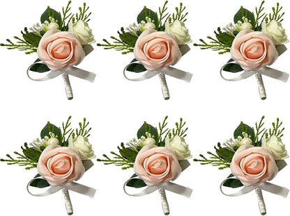 6PCS Blush Pink Boutonniere for Men,Coral Pink Boutonniere Pins for Men Groomsmen Guest Boutonniere, Artificial Flowers for Wedding Decor Prom Homecoming