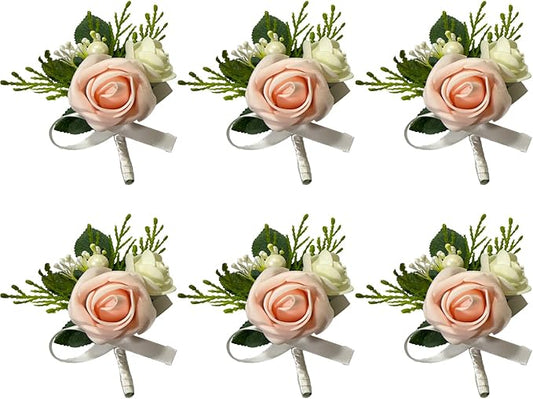 6PCS Blush Pink Boutonniere for Men,Coral Pink Boutonniere Pins for Men Groomsmen Guest Boutonniere, Artificial Flowers for Wedding Decor Prom Homecoming
