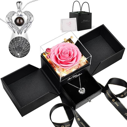 FIACO Gifts for Women Preserved Real Roses with I Love You Necklace Fresh Forever Flowers Birthday Gifts for Mom Grandma Wife Girlfriend on Anniversary Christmas Valentines Romantic Gift