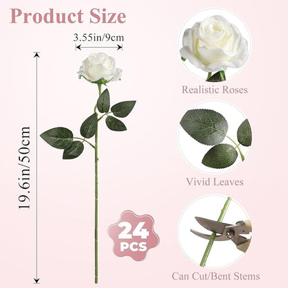 Nubry 24pcs Artificial Silk Roses Bulk,Fake Roses Flower with Stems Realistic Flowers for Wedding Centerpiece Home Party Decor(White)