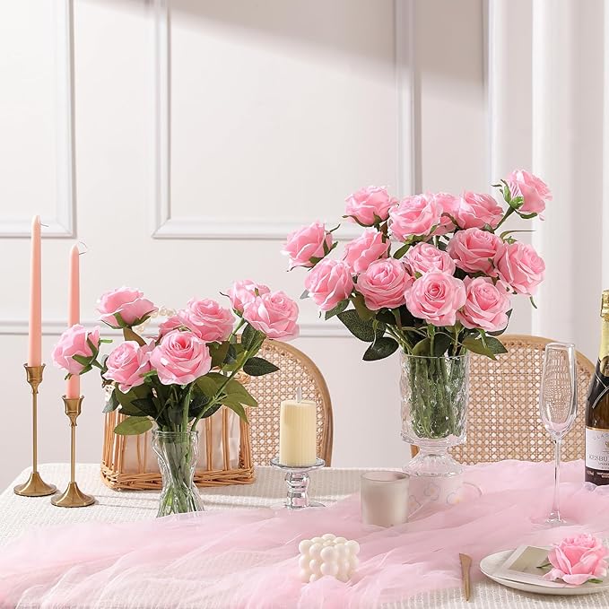 Nubry 24pcs Artificial Silk Roses Bulk,Fake Roses Flower with Stems Realistic Flowers for Wedding Centerpiece Home Party Decor(Pink)