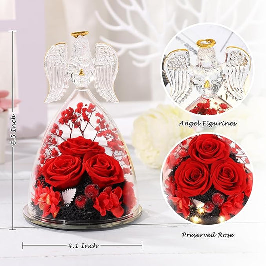 ANWEAO Gifts for Women Birthday Christmas Preserved Rose Forever Flower in Glass Angel Figurines Fresh Flowers for Delivery for Mom Real Colorful Roses for Grandma Wife Her from Daughter