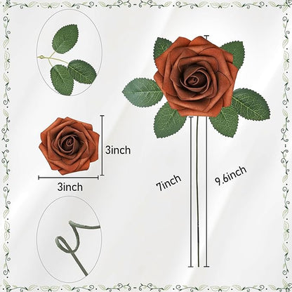 Artificial Flowers, 50pcs Artificial Rose for DIY Wedding Bouquets Centerpieces Arrangements, Shades of Terracotta Foam Roses with Stem for Bridal Shower Party Home Decorations