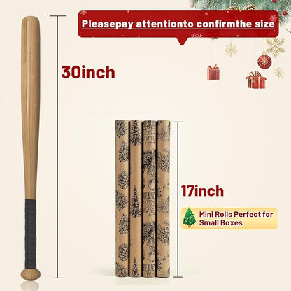 YANGTE Vintage Christmas Wrapping Paper Rolls, Brown & Black Wrapping Paper Christmas with Twine and Greeting Cards, 4 Rolls Holiday Gift Wrapping Paper, 17 x 120 inch per Roll