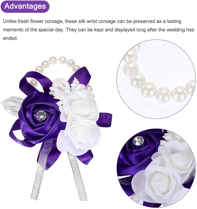 MECCANIXITY 8Pcs Wrist Corsage Artificial Flower Bracelets Rose Wrist Bride Groom Decorative for Wedding Ceremony Prom Party Anniversary Purple