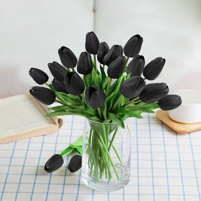 Beferr Black Tulips Artificial Flowers 18pcs Faux Tulip Real Touch Fake Flowers Bouquets for Halloween Easter Gifts Home Party Wedding Table Decorations