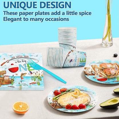 120 PCS Ofishally One Birthday Party Decorations, Ofishally One Paper Plates, Napkins Cups and Forks Tableware Set, Fishing Party Decor Supplies for 1st Fish Birthday Christmas Parties, Serves 24
