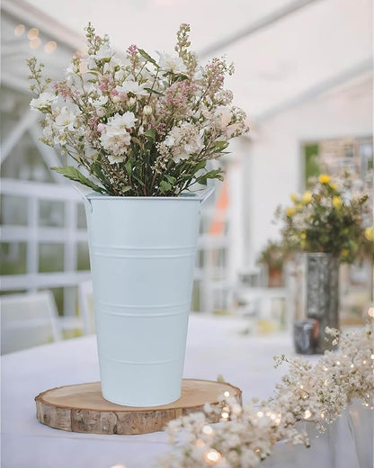 12 Inch Galvanized Metal Vases for Flowers - 6 Pcs Farmhouse Decorative Tall Flower Bucket with Handles, Rustic French Tin Planter Buckets for Wedding Decor (Pure White)