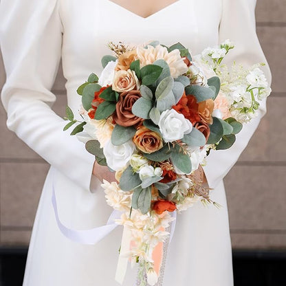 Wedding Bouquet, 11 Inch Terracotta Wedding Decor Artificial Flowers Bridal Bouquet Cascading Wedding Bouquets for Bride for Wedding Ceremony and Anniversary(Chic Terracotta)