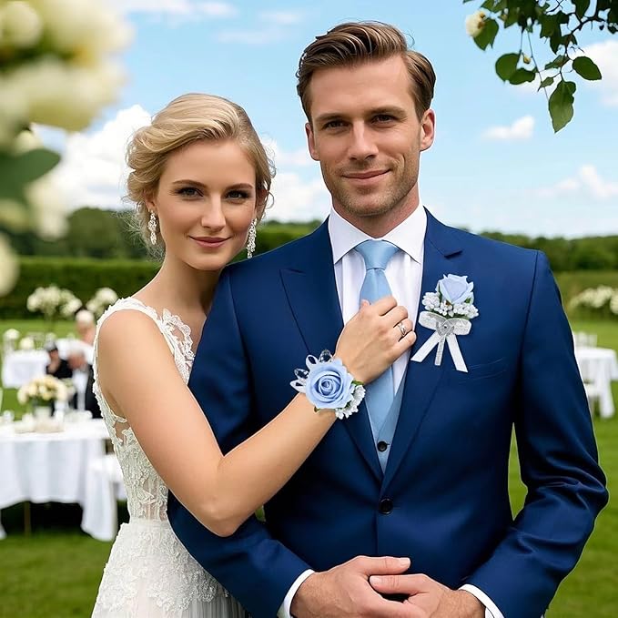 2Pcs Light Blue Rose Corsage and Boutonniere Set, Artificial Wrist Corsage Wristlet Bracelets, Men Boutonniere for Wedding Party Homecoming Formal Dinner Flowers Accessories Prom Suit Decor