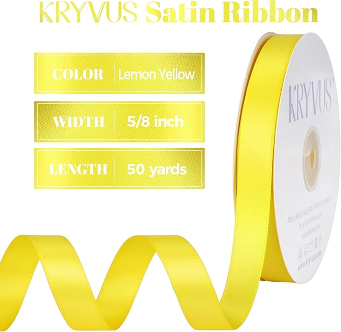 Lemon Yellow Satin Ribbon, Double Faced 5/8 Inch X 50 Yards Lemon Yellow Ribbon, Premium Satin Ribbons for Gift Wrapping, Crafts, Hair Bow Making, Sewing, Flower Bouquet, Wedding Party Decor