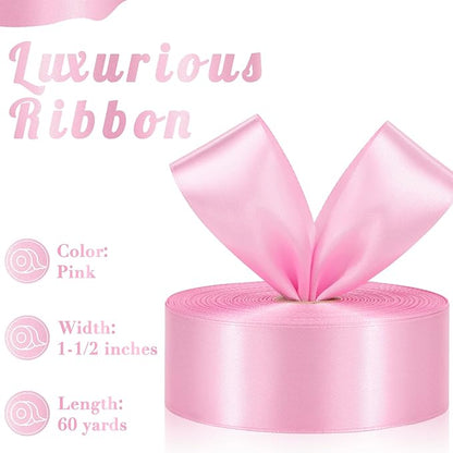 Pink Ribbon 1-1/2 Inch, 60 Yards Pink Satin Ribbon for Flower Bouquet Gift Wrapping Eternal Flower Crafts Christmas Wedding Hair Baby Shower