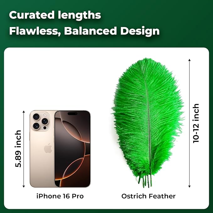 Piokio 20pcs Natural Green Ostrich Feathers 10-12 inch (25-30cm) Bulk Feathers for Home Decoration and DIY Clothing and St. Patrick Decoration, Gatsby Decorations