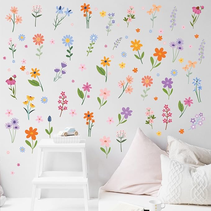 Wild Flower Wall Decals - Peel and Stick Removable Floral Wall Stickers for Nursery, Bedroom, Living Room Decor (8 Sheets 102 Pcs Wildflower Mural Art, Garden Theme)