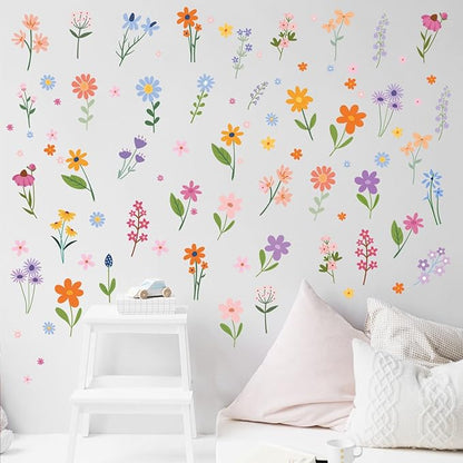 Wild Flower Wall Decals - Peel and Stick Removable Floral Wall Stickers for Nursery, Bedroom, Living Room Decor (8 Sheets 102 Pcs Wildflower Mural Art, Garden Theme)