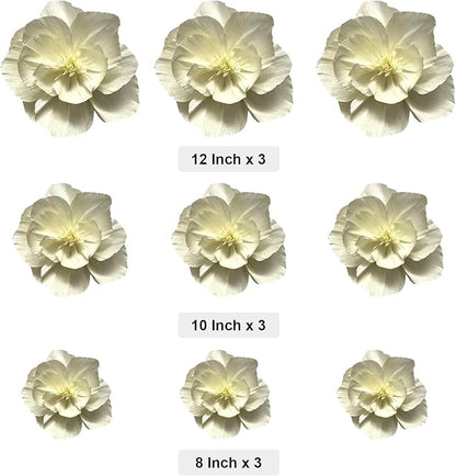 BRT Bearingshui Crepe Paper Flowers Decoration for Wall Total 9 Pcs, Artificial Flowers for Wedding Decor,Flower Backdrop Decor, Baby Bridal Shower Birthday Party, Cream 3D Wall Flowers Decor